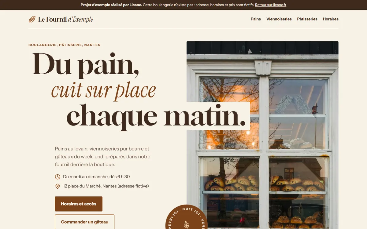 Page d'accueil du site d'exemple Le Fournil d'Exemple, une boulangerie fictive
